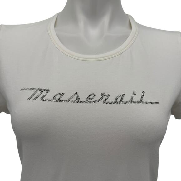 Maserati Rhinestone Tee Shirt NEW Donna Panna Strass Cotton LOGO Womens L White - Picture 2 of 11